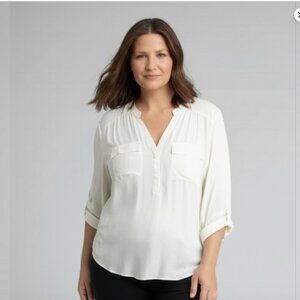 Torrid Linen Pocket Henley Long Roll Tab Sleeve White  Size 3